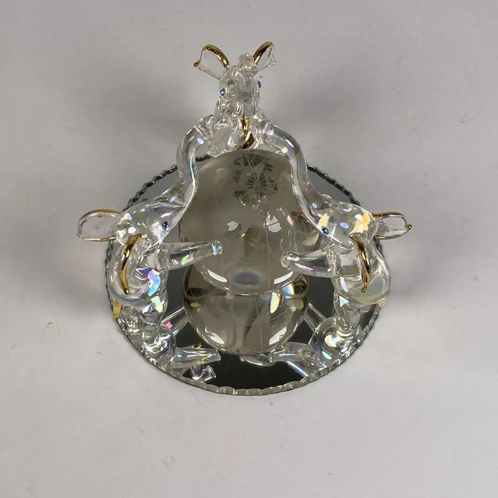 3 Hand Blown Glass Elephants on Globe Figurine Blue Rhinestone Eyes Mirror Base - Picture 2 of 11